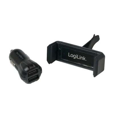 Zdjęcie produktu dla Zestaw ładowarka samochodowa LogiLink USB + uchwyt na smartfon czarny (blister 2 szt.)