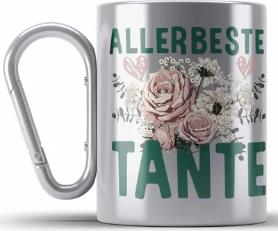 Produktbild von Trendation - Beste Tante der Welt Geschenk Edelstahl Tasse Karabiner mit Spruch Karabiner Edelstahl Tasse Karabiner Edelstahl für Allerbeste Tante (Silber)
