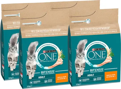 Three bags of Purina One cat food are displayed side-by-side against a white background.