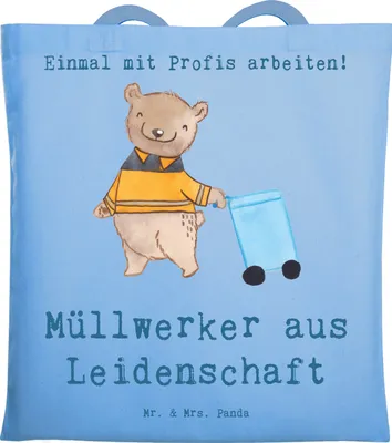 Produktbild von Mr. & Mrs. Panda Tote Bag Müllwerker Leidenschaft - Sky Blue - Geschenk, Jutetasche, Tasche, Müllmann, Spruch, Shopping, canvas, Lustig, dokumententasche, Witzig