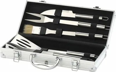 Image de Couverts à barbecue en acier inoxydable avec coffret en aluminium, 5 pièces