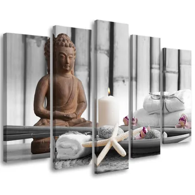 Produktbild von 5-teiliges leinwandbild buddha zen spa 200x100 cm Feeby weiß wandbild bereit zum aufhängen