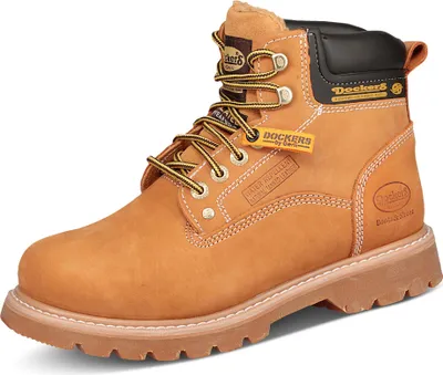 A single tan leather work boot is shown against a white background.