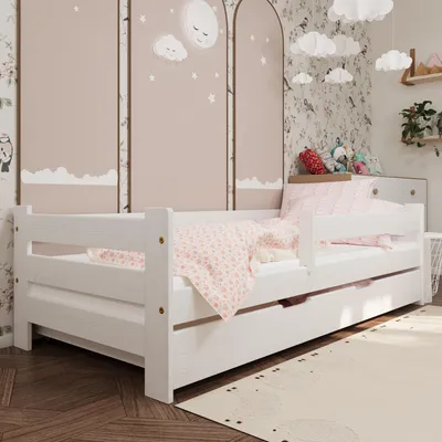 Produktbild von Kinderbett Oli mit Rausfallschutz, Schublade und Lattenrost | 160x80 cm | Deckweiß | 100% Massivkiefernholz | für Jungen und Mädchen | stabil
