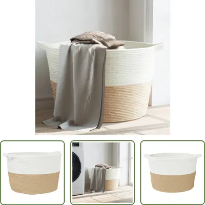 Imagen del producto de Cesta para la ropa de The Living Store, color beige y blanco, diámetro 60 cm, altura 36 cm, material: algodón