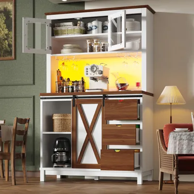 Immagine prodotto di MODFU Armadio alto Armadio alto da cucina con cassetti e ante scorrevoli, armadio contenitore, armadio da cucina con illuminazione a LED e spazio di archiviazione, adatto per soggiorno o cucina, bianco