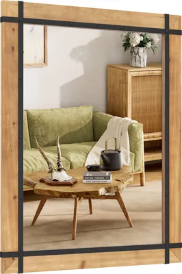 Obrázok produktu pre Obdĺžnikové zrkadlo COSTWAY s dreveným rámom, 77 x 100 cm, rustikálne nástenné zrkadlo, nerozbitné závesné zrkadlo, dekoratívne drevené zrkadlo s háčikmi, hnedé