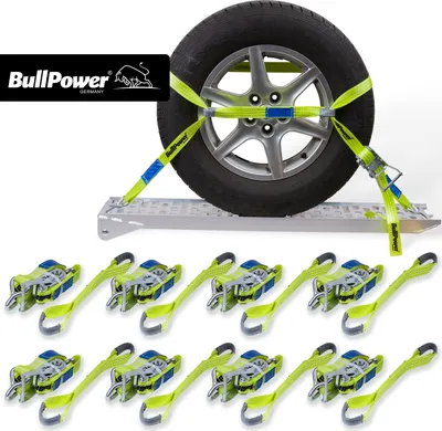 Produktbild von 8x BullPower Spanngurte AZG151 - Autotransport PKW Zurrgurte Reifengurte Transportsicherungen 35mm - LC 3000 kg / daN mit Trapezband, Ratsche und Haken