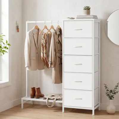 Produktbild von SONGMICS 3-in-1 Garderobenständer mit 5 Schubladen und Kleiderstange, 96,2 x 30 x 117,7 cm, Weiß