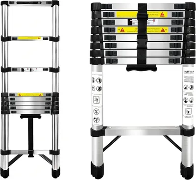 Image de Échelle télescopique - Échelle extensible - Pour travaux en hauteur - Acier inoxydable - 2,6 mètres - Argenté