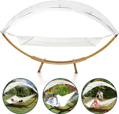 Image de Hamac Izrielar avec support en bois - Siège suspendu d'extérieur avec auvent - Chaise longue de jardin 210 x 150 cm - Support pour hamac