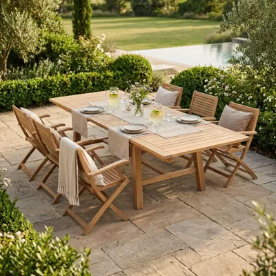 Immagine prodotto di Milani Home - Set tavolo e sedie da giardino per esterno in legno resistente di teak cm.220/300x100x77 h con 6 sedute - Marrone