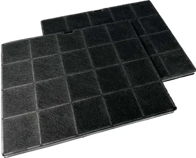 Two black carbon filters for an air purifier or range hood, arranged diagonally.