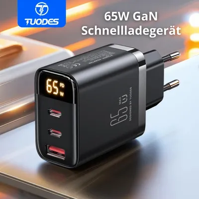 Produktbild von 65W USB-C Ladegerät Schnellladegerät – 3 Ports (2×USB-C + 1×USB-A) – Fast Charger für Smartphone, Laptop, Tablet, iPhone, Samsung, MacBook