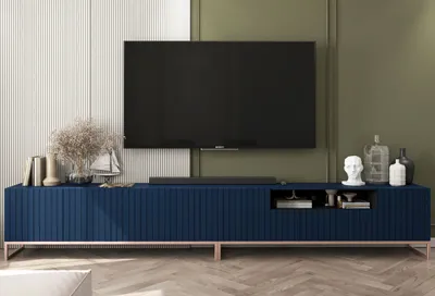 Obrázek produktu pro TV skříňka Glamour Elpis + Elpis 2 Komoda Moderní Nábytek Lindner 300cm x 51,5cm x 36,5cm Barva: tmavě modrá matná Rámy: Měděné kovové