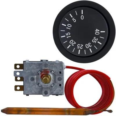 Productafbeelding van Inbouwthermostaat R-12, universele thermostaat, kapilaire thermostaat, 0-40°C, SPDT, voor verwarming en koeling, met draaiknop en schaal. Inbouwthermostaat, 16A