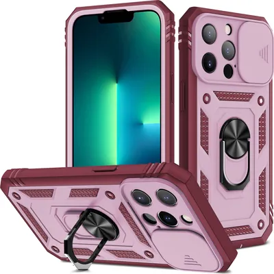 Produktbild von iPhone 14 Pro Max Hülle, Schiebe Kamera Schutz Robust Rüstung Stoßfest Schutzhülle mit Ringhalterung Ständer Kartenhalter für iPhone 14 Pro Max Rot Pink