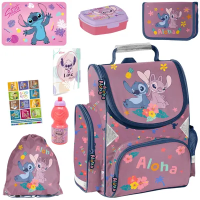 Produktbild von Schulranzen für Jungen und Mädchen, 8er-Set - Schul-Rucksack für Kinder mit Federmäppchen - Schuhbeutel Trinkflasche und Brotdose- Stitch Motiv