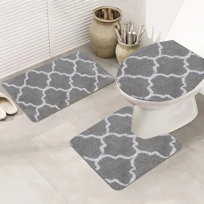 Produktbild von Badezimmerteppich-Set, 3-teilig, rutschfest, geometrischem Muster, weich, modisch, für Badezimmer, Wohnzimmer, Heimdekoration (Grau)
