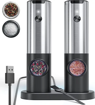 Produktbild von Elektrische Salzmühle Pfeffermühle Set, Elektrische Salz und Pfeffermühlen Set mit Wiederaufladbarer Basis, Edelstahl Salzmühle mit Einstellbarer Grobheit, mit LED Licht