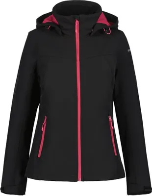 A black jacket with pink accents is shown against a white background.
