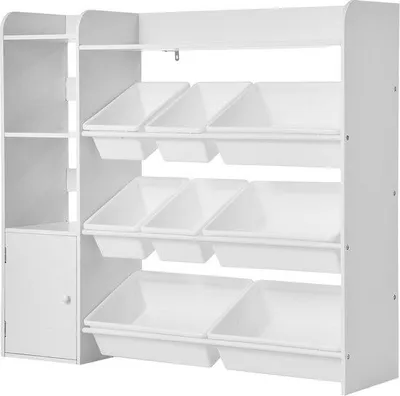 Produktbild von Kinderreisekiste und Bücherregal, 4-teiliges Regal mit 8 flexiblen Kunststoffbehältern, vielseitige Schrank für Schlafzimmer, Klassenzimmer und Kinderzimmer, weiß