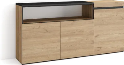Image de COZY Buffet salon et cuisine, 150x35x75cm, 3 Portes, Meuble chaussure, Chêne et noir