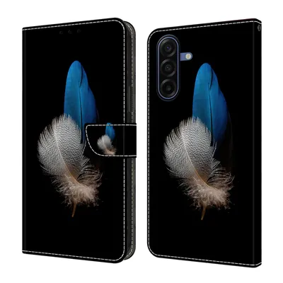 Produktbild von CLM-Tech Handyhülle kompatibel mit Samsung Galaxy A27 5G Hülle - Tasche aus Kunstleder - Klapphülle mit Ständer und Kartenfächern - Schutzhülle Wallet Case Cover zwei Federn blau und weiß