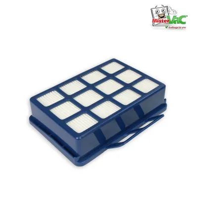 A blue vacuum cleaner filter with white filter material is shown on a white background.