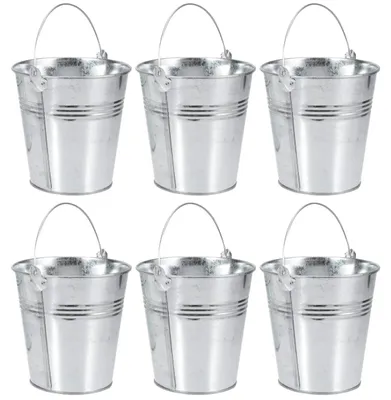 Productafbeelding van Mini Zinken Emmer Set van 6 - Metalen Emmers met Handvat - Bloempot voor Planten - Snackcontainer - Corrosiebestendig - 10,5 x 7,2 x 10,5 cm