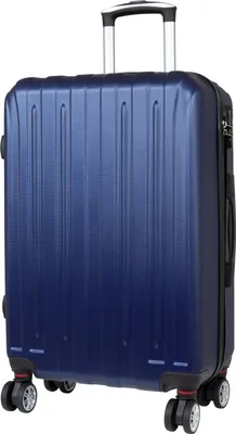 A blue hard-shell suitcase with four wheels and a retractable handle.