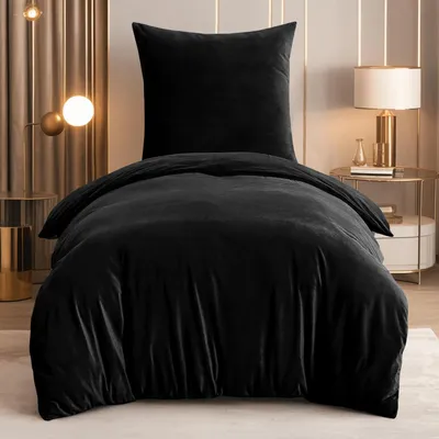 Productafbeelding van Beddengoedset 155x220, 2-delig, zwart, flanel, fleece, zacht, pluizig. Inclusief 1 kussensloop van 80x80 cm