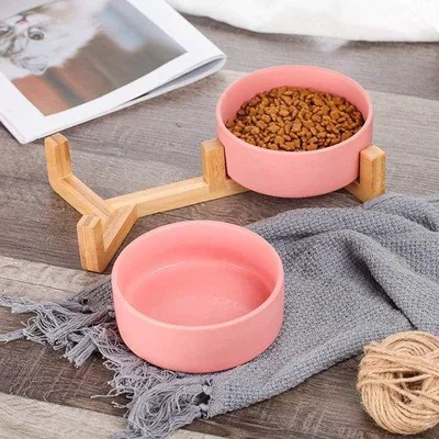 Immagine prodotto di Portacibo in Vetroceramica con supporto in legno per gatti e cani di piccola taglia
