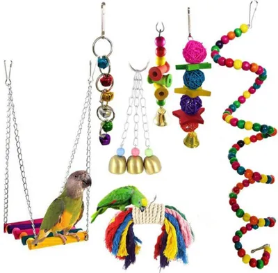 Produktbild von Papageienspielzeug Set 7-teilig, Hängendes Vogelspielzeug Mit Glöckchen, Schaukel Und Kauspielzeug Für Kleine Papageien, Aras Und Wellensittiche