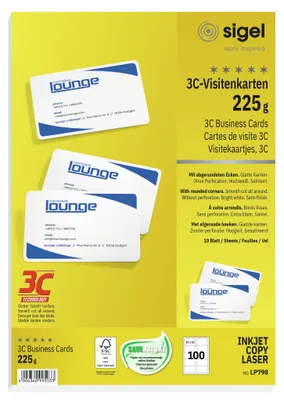 Produktbild von SIGEL LP798 Visitenkarten, 3C, glatter Schnitt rundum, mit abgerundeten Ecken, 225 g/m², hochweiß, 100 Stück