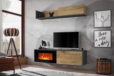 Produktbild von Wohnzimmerwand mit elektrischem Kamin AGRIA – Anthrazit/Flagstaff-Eiche