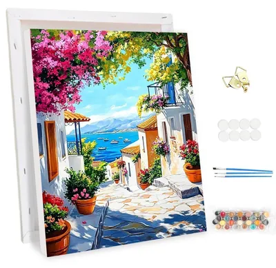 Immagine prodotto di Kit per dipingere per numero con cornice, soggetto: vista sul mare e fiori, dimensioni 30x40 cm, include colori acrilici, pennelli e istruzioni per il fai-da-te