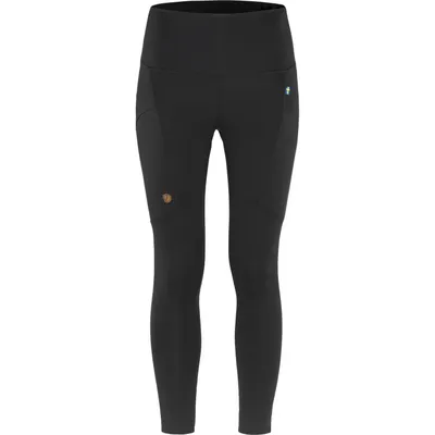 A pair of black leggings shown from the front against a white background.