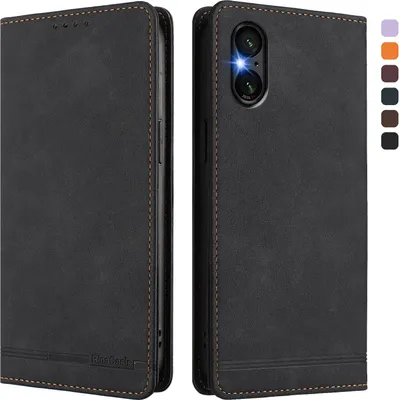 Image de Etui pour Sony Xperia 5 VI, étui rétro en cuirPolyuréthaneavec support et fentes pour cartes de crédit Noir