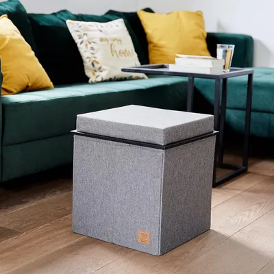 Immagine prodotto di Pouf con spazio contenitore, dimensioni 37 x 37 x 40 cm, rivestito in tessuto con struttura in legno, multifunzionale