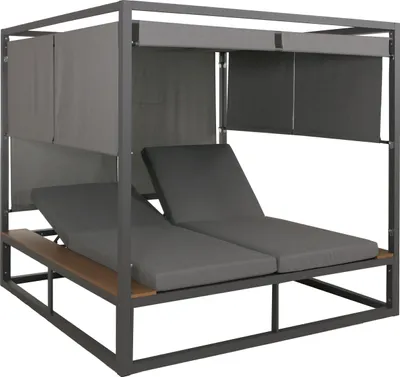 An outdoor lounge daybed with a canopy and cushions.