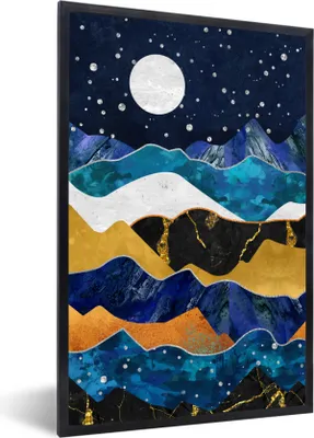 Produktbild von MuchoWow® Gerahmtes Poster Nacht - Gold - Marmor - Abstrakt - Landschaft - Berg 60x90 cm - Poster mit Schwarzem Bilderrahmen Wandposter Rahmen Foto Bilder - Kunst