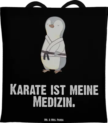 Produktbild von Mr. & Mrs. Panda Tote Bag Pinguin Karate - Schwarz - Geschenk, Jutebeutel, Shopping Tasche, Laptoptasche, Verein, Schultasche, Kampfsportart, Selbstverteidigung