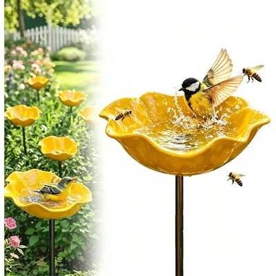Immagine prodotto di Abbeveratoio per uccelli, metallo, set da 2; abbeveratoio per api, design a forma di fiore, resistente alle intemperie, ideale per il giardino