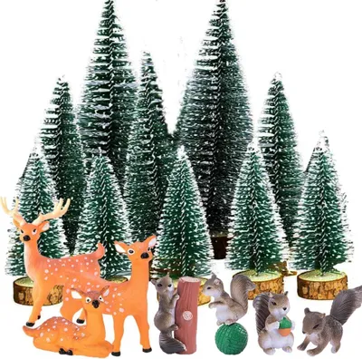 Productafbeelding van Kunstkerstboom + kerstminifiguren - Set van 17 - Rendierfiguur - Kunstdennenboom - Kerstboom met sneeuw - Klein