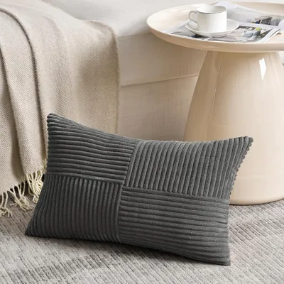 Productafbeelding van Donkergrijze kussensloop, 35x55 cm, corduroy, bohemien decoratie (zonder vulling)