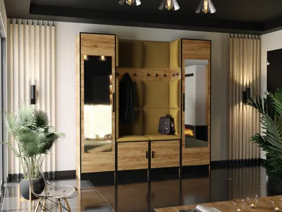Image de KIER FURNITURE Armoire, Oak Craft Golden + Tissus jaunes - 212,8 x 205 x 39 cm