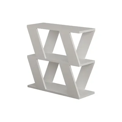 A white, modern, multi-tiered shelf unit with a zigzag design, presented against a white background.