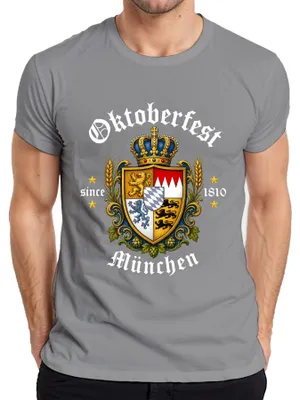 Productafbeelding van München 1810, Wapen van Beieren, "Wiesn" (biergarten), kroon, lederhosen, leeuw, heren T-shirt, grijs, XXL