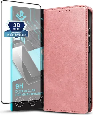 Produktbild von Handyhülle für Samsung Galaxy S24 Ultra mit 9H Displayglas Kunstleder Flip Cover Hülle Handytasche Case Kartenfach Farbe: Rosa